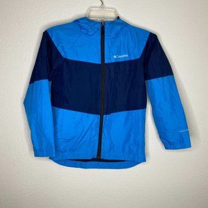 Columbia boy's turquoise/navy windbreaker jacket, size M, with attached hood.